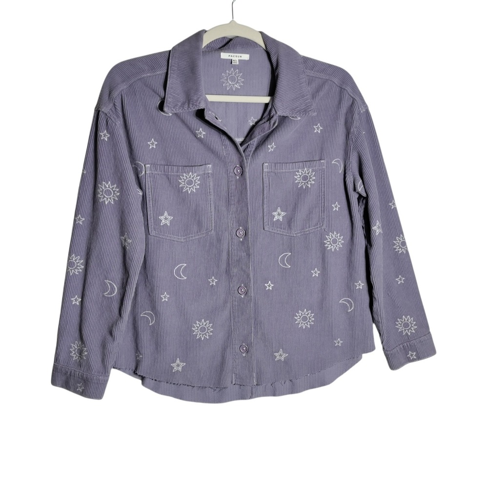 PacSun Womens Corduroy Celestial Sun Moon Star Embroidered Shirt Purple M/L